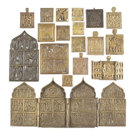 A COLLECTION OF 18 BRASS ICONS DEPICTING LITURGICA