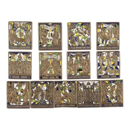 A COLLECTION OF 13 BRASS ICONS SHOWING LITURGICAL 