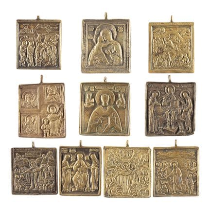 A COLLECTION OF TEN BRASS ICONS DEPICTING IMAGES O
