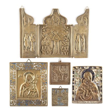 A COLLECTION OF FIVE BRASS ICONS SHOWING IMAGES OF