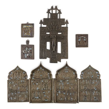 A COLLECTION OF FIVE BRASS ICONS DEPICTING CRUCIFI
