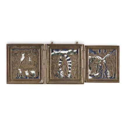 A BRASS AND ENAMEL TRIPTYCH SHOWING LITURGICAL FEA