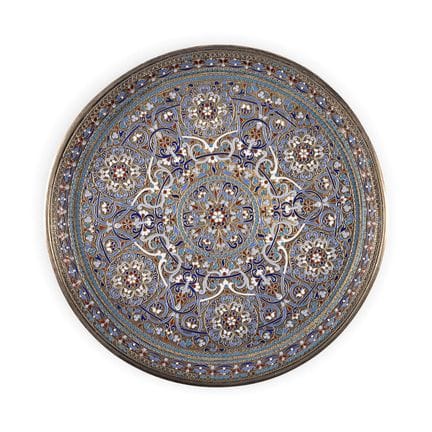 A LARGE SILVER-GILT AND CLOISONNÉ ENAMEL TRAY Russ