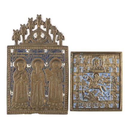 A SIGNED BRASS ICON SHOWING ST. DEMETRIUS AND A BR