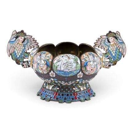 A LARGE SILVER-GILT AND CLOISONNÉ ENAMEL TWO-HANDL