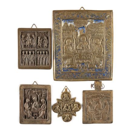 A COLLECTION OF FIVE BRASS ICONS DEPICTING THE OLD