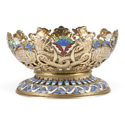 A LARGE SILVER-GILT AND CLOISONNÉ ENAMEL BOWL WITH