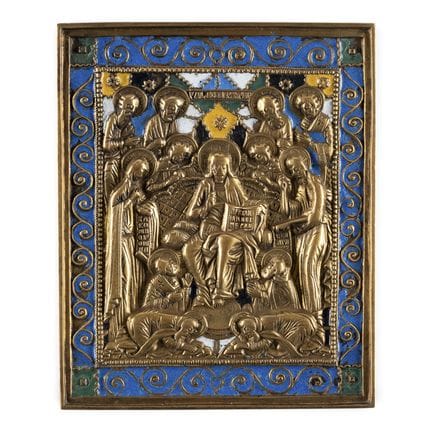 A FINE BRASS AND ENAMEL ICON SHOWING AN EXTENDED D