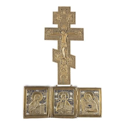 TWO BRASS ICONS INCLUDING CRUCIFIX AND A TRIPTYCH 