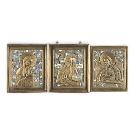A FINE BRASS AND ENAMEL TRIPTYCH SHOWING DEISIS Ru
