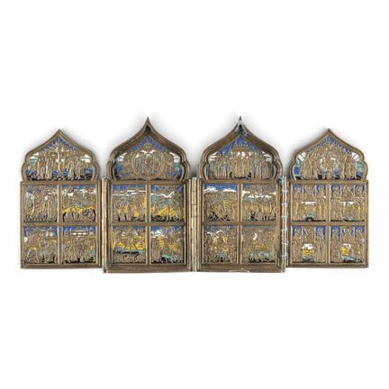 A SIGNED BRASS AND ENAMEL TETRAPTYCH SHOWING LITUR