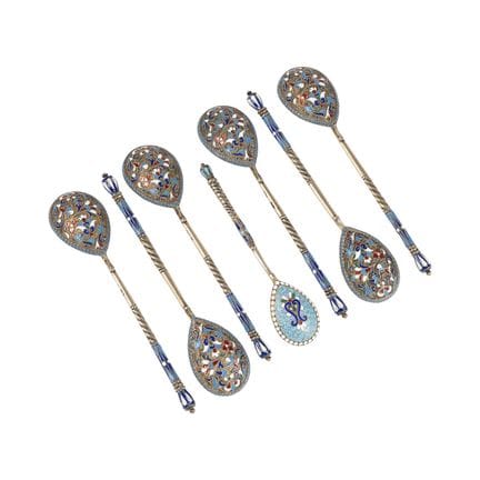 SEVEN SILVER-GILT AND CLOISONNÉ ENAMEL SPOONS Russ