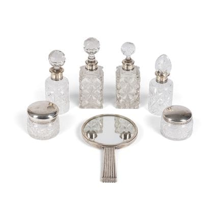 FOUR GLASS FLACONS WITH STOPPERS AND TWO COVERED B