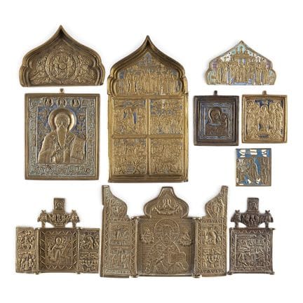 A COLLECTION OF TEN BRASS ICONS DEPICTING DEISIS, 