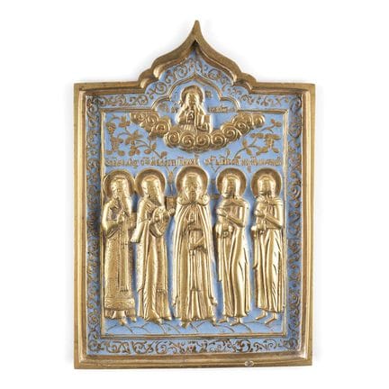 A BRASS AND ENAMEL ICON SHOWING STS. MODESTUS, BLA