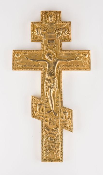 A LARGE BRASS AND GILDED CRUCIFIX Russian, 19th ce