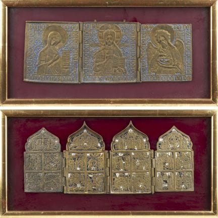 TWO BRASS AND ENAMEL ICONS INCLUDING A TRIPTYCH SH
