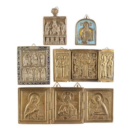 A COLLECTION OF FIVE BRASS ICONS DEPICTING DEISIS,
