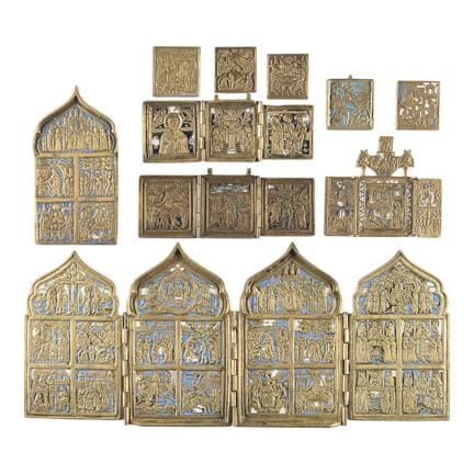 A COLLECTION OF TEN BRASS ICONS DEPICTING LITURGIC