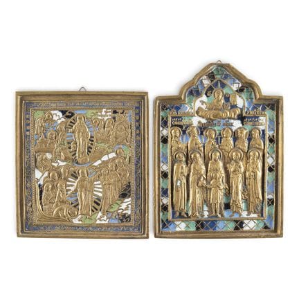 TWO BRASS AND ENAMEL ICONS INCLUDING A SIGNED ICON
