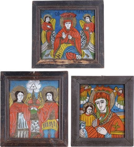 THREE REVERSE PAINTINGS ON GLASS DEPICTING THE MOT