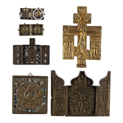 A COLLECTION OF SIX BRASS ICONS DEPICTING IMAGES O