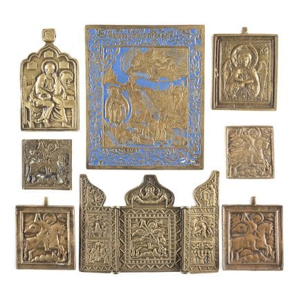 A COLLECTION OF EIGHT BRASS ICONS DEPICTING THE CH
