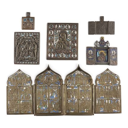 A COLLECTION OF SIX BRASS ICONS DEPICTING DEISIS, 