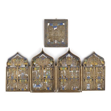 TWO BRASS AND ENAMEL ICONS INCLUDING A FINE TETRAP