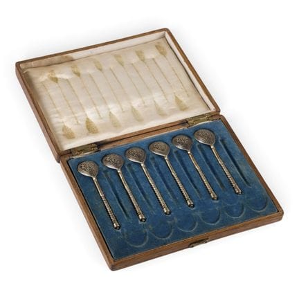 SIX SILVER-GILT AND NIELLO SPOONS IN THE ORIGINAL 