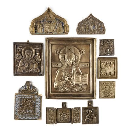 A COLLECTION OF TEN BRASS ICONS INCLUDING CHRIST P