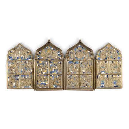 A FINE BRASS AND ENAMEL TETRAPTYCH SHOWING LITURGI