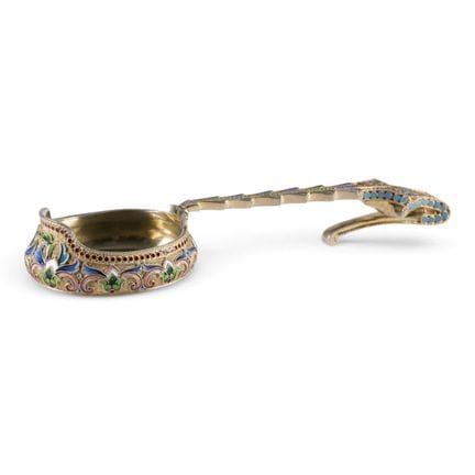 A LARGE SILVER-GILT AND CLOISONNÉ ENAMEL LADLE Rus