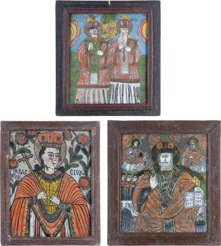 THREE REVERSE PAINTINGS ON GLASS INCLUDING A DATED