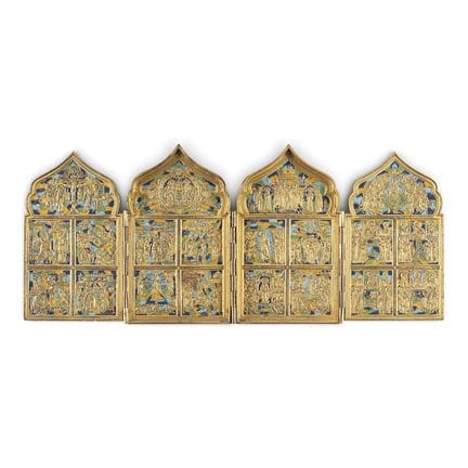 A FINE BRASS AND ENAMEL TETRAPTYCH SHOWING LITURGI