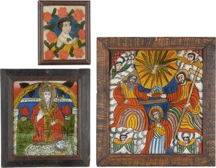 THREE REVERSE PAINTINGS ON GLASS DEPICTING THE COR