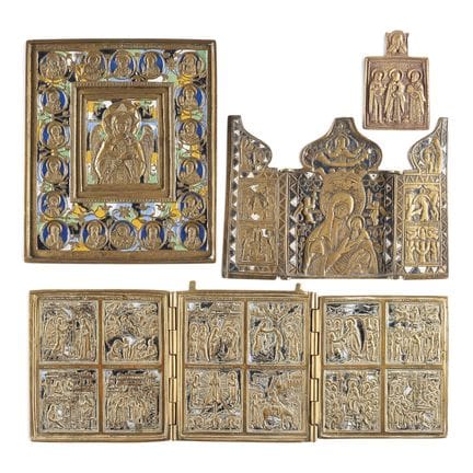 A COLLECTION OF FOUR BRASS ICONS DEPICTING CHRIST,