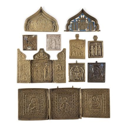 A COLLECTION OF TEN BRASS ICONS DEPICTING DEISIS, 