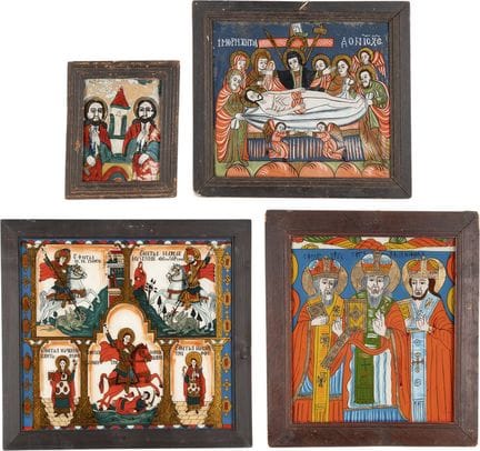 FOUR REVERSE PAINTINGS ON GLASS DEPICTING THE MOUR