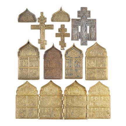 A COLLECTION OF TEN BRASS ICONS DEPICTING CRUCIFIX