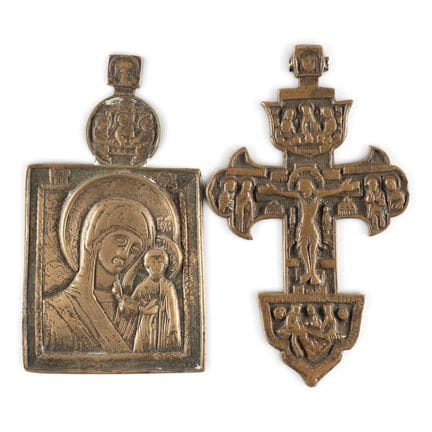 TWO BRASS ICONS DEPICTING CRUCIFIX AND THE MOTHER 