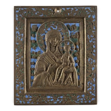 A SIGNED BRASS AND ENAMEL ICON SHOWING THE MOTHER 