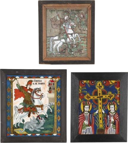 THREE REVERSE PAINTINGS ON GLASS DEPICTING ST. GEO