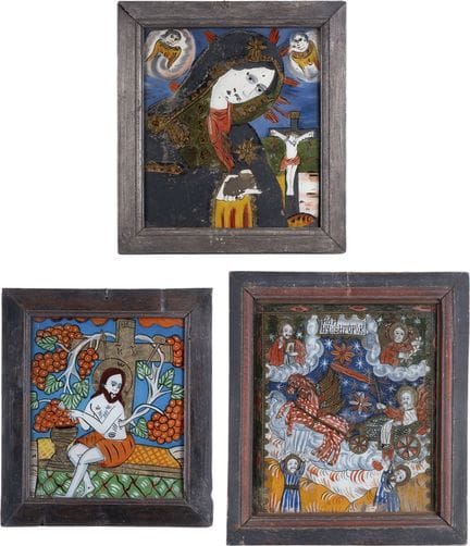 THREE REVERSE PAINTINGS ON GLASS DEPICTING CHRIST,