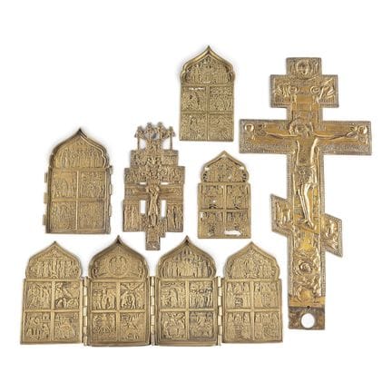 A COLLECTION OF SIX BRASS ICONS DEPICTING CRUCIFIX