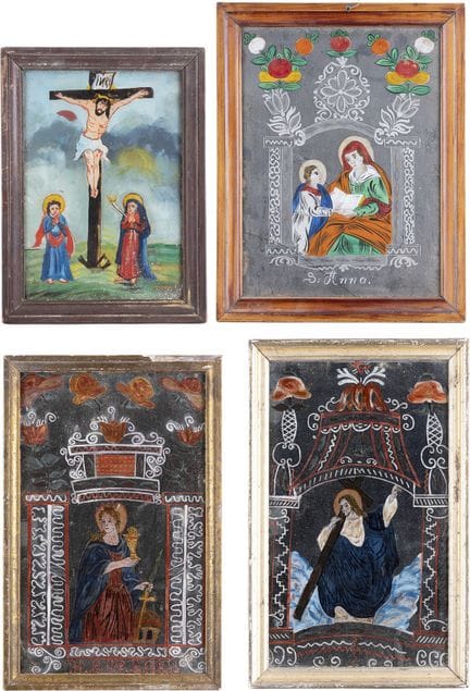 FOUR REVERSE PAINTINGS ON GLASS South German, 19th