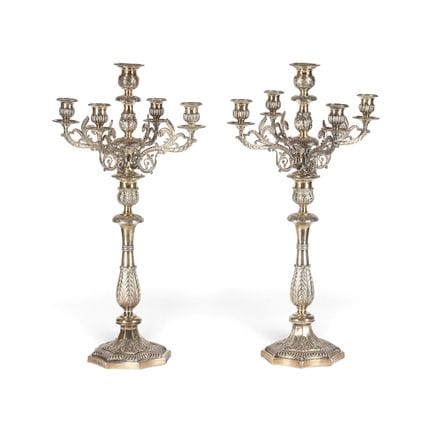 A LARGE PAIR OF FIVE-LIGHT SILVER CANDELABRA WITH 