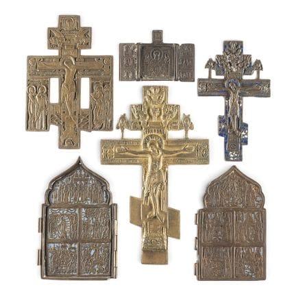 A COLLECTION OF SIX BRASS ICONS DEPICTING CRICIFIX