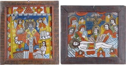 TWO REVERSE PAINTINGS ON GLASS DEPICTING THE MOURN