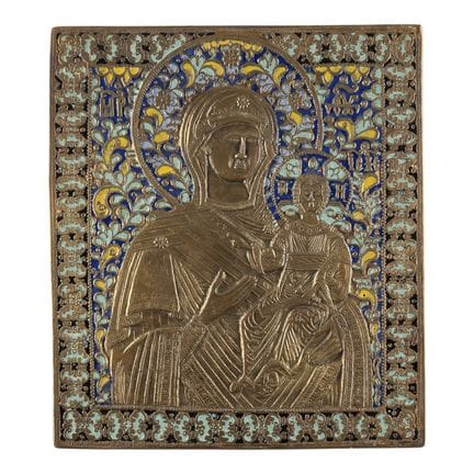 A LARGE BRASS AND ENAMEL ICON SHOWING MOTHER OF GO